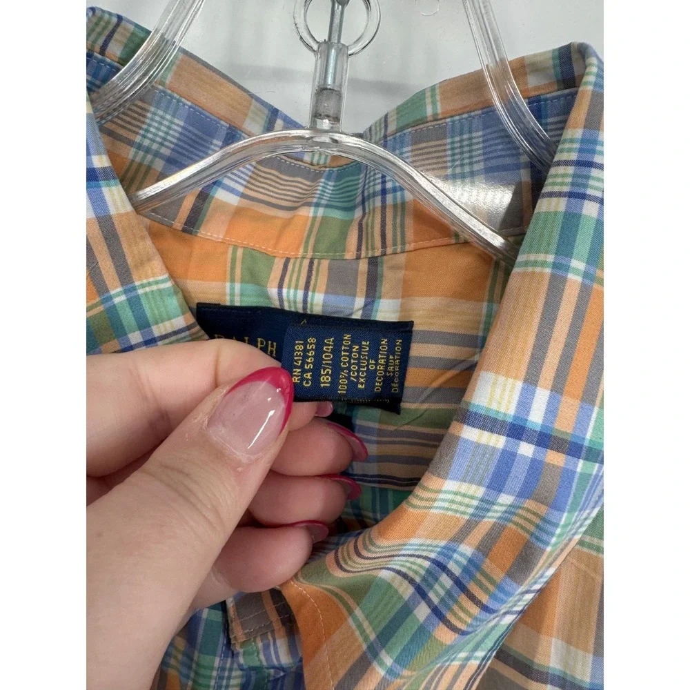 Polo Ralph Lauren Shirt Orange Blue Plaid Cotton Stretch Long Sleeve Button Down